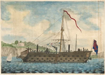 Nave prigione Saratoga al largo di Dartmouth, pub. 1840 (incisione colorata a mano)
